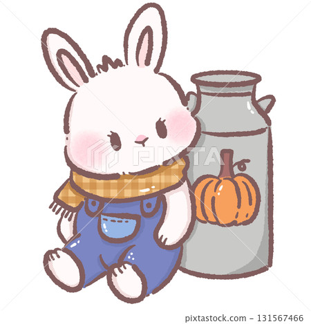 Kawaii bunny character cute chibi rabbit wearing plaid scarf and overalls sitting beside farmhouse milk jug with pumpkin autumn illustration for stickers greeting cards and crafts 131567466