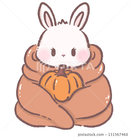Kawaii bunny character cute chibi rabbit wrapped in cozy blanket holding pumpkin autumn farmhouse illustration for fall stickers greeting cards invitations and crafts Kawaii bunny character cute chibi rabbit wrapped in cozy blanket holding pumpkin autumn farmhouse illustration for fall stickers greeting cards invitations and crafts 131567468