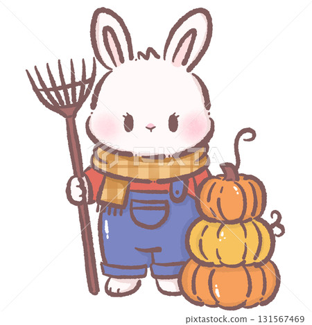 Kawaii bunny character cute chibi rabbit wearing plaid scarf and overalls holding rake beside stacked pumpkins autumn harvest illustration for stickers greeting cards invitations and crafts Kawaii bunny character cute chibi rabbit wearing plaid scarf and overalls holding rake beside stacked pumpkins autumn harvest illustration for stickers greeting cards invitations and crafts 131567469