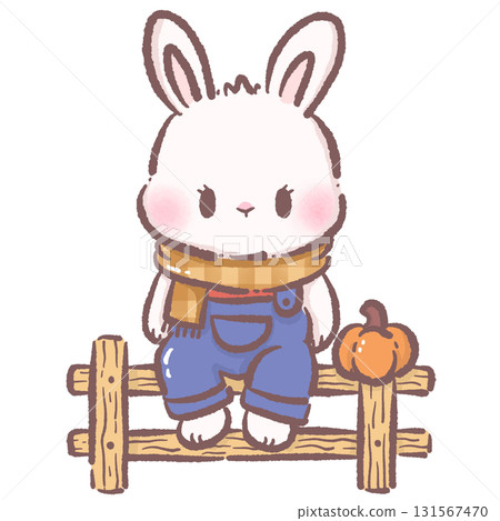 Kawaii bunny character cute chibi rabbit wearing plaid scarf and overalls sitting on wooden fence with small pumpkin autumn farmhouse illustration for stickers greeting cards and crafts 131567470