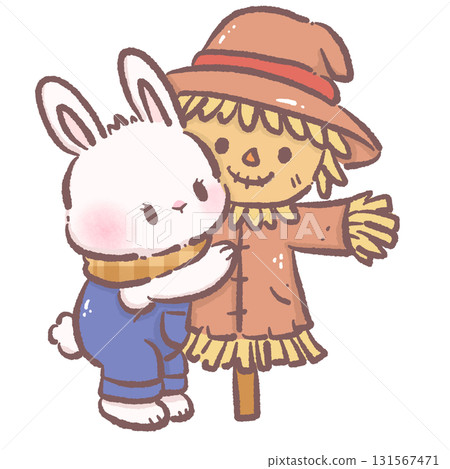 Kawaii bunny character cute chibi rabbit wearing plaid scarf and overalls hugging friendly scarecrow autumn farmhouse illustration for stickers greeting cards invitations and crafts 131567471