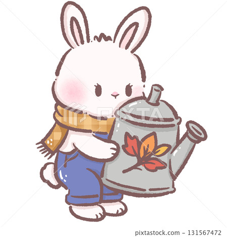 Kawaii bunny character cute chibi rabbit wearing plaid scarf and overalls holding watering can decorated with autumn leaves farmhouse fall illustration for stickers greeting cards and crafts 131567472