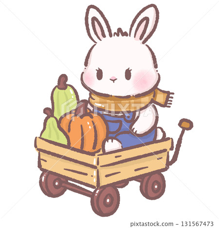 Kawaii bunny character cute chibi rabbit wearing plaid scarf and overalls sitting in wooden wagon with pumpkins and gourds autumn harvest illustration for stickers greeting cards and crafts 131567473