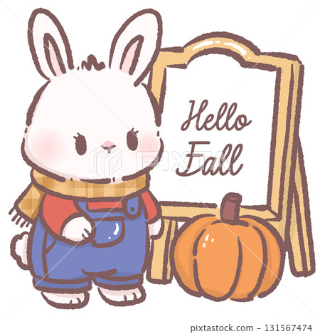 Kawaii bunny character cute chibi rabbit wearing plaid scarf and overalls standing beside hello fall sign and pumpkin autumn illustration for stickers greeting cards and crafts Kawaii bunny character cute chibi rabbit wearing plaid scarf and overalls standing beside hello fall sign and pumpkin autumn illustration for stickers greeting cards and crafts 131567474