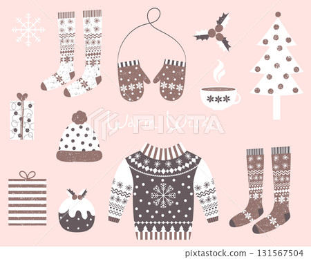 Vector winter clothes and symbols in flat style i brown and white colors for invitations, greeting cards and designs 131567504