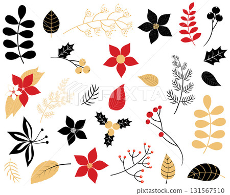 Elegant winter foliage set - leaves, flowers, berries and branches in red, black and gold colors Elegant winter foliage set - leaves, flowers, berries and branches in red, black and gold colors 131567510