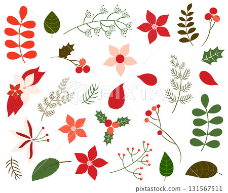 Vector set of Christmas foliage in green and red colors - leaves, winter flowers, floral elements, poinsettia in flat style for greeting cards and invitations Vector set of Christmas foliage in green and red colors - leaves, winter flowers, floral elements, poinsettia in flat style for greeting cards and invitations 131567511