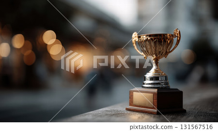 A close-up of a gleaming gold trophy 131567516