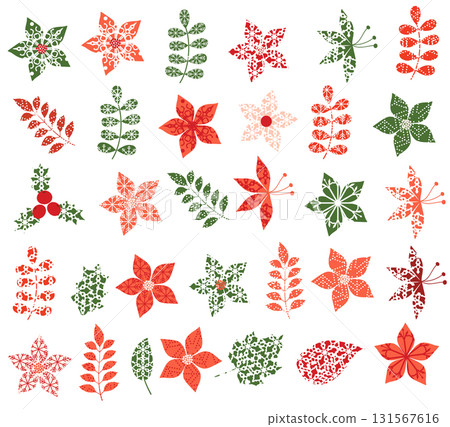 Winter and Christmas flowers, leaves and branches in red and green colors with abstract geometric shapes and snowflake and lace pattern Winter and Christmas flowers, leaves and branches in red and green colors with abstract geometric shapes and snowflake and lace pattern 131567616