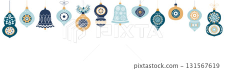 Blue and Gold Retro Christmas Ornaments Banner or Background, Vintage Hanging Holiday Decoration - Bauble, Ball, Bell 131567619