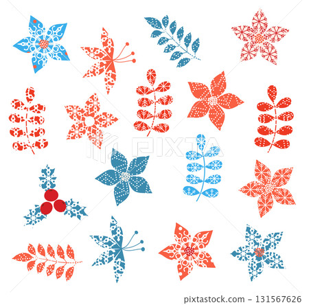 Winter and Christmas stylized decorative leaf designs with snowflake texture 131567626