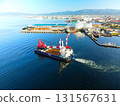 Aerial view of a crane ship heading to a construction site at Hakodate Port in Hakodate, Hokkaido in autumn 131567631