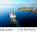 Aerial view of a crane ship heading to a construction site at Hakodate Port in Hakodate, Hokkaido in autumn 131567632