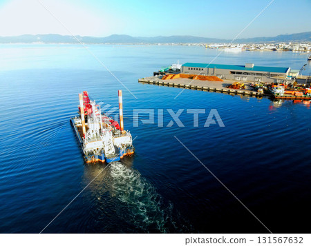 Aerial view of a crane ship heading to a construction site at Hakodate Port in Hakodate, Hokkaido in autumn 131567632