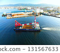 Aerial view of a crane ship heading to a construction site at Hakodate Port in Hakodate, Hokkaido in autumn 131567633