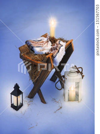 Manger on the snow. Christmas background Manger on the snow. Christmas background 131567703