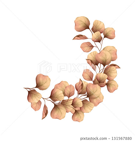 Hand-drawn illustration of pale beige autumn leaves arranged in decorative corner or half-wreath shape 131567880