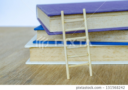 Books supported by thin wooden ladder standing vertically on a wooden surface with soft shadows. 131568242