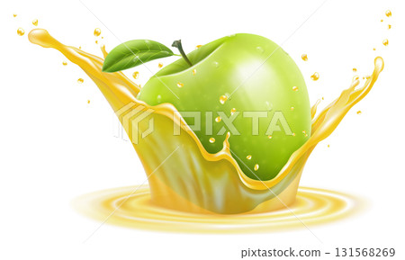 Apple in a transparent splash of juice, isolated on white background. Realistic 3D vector. Editable handmade mesh 131568269