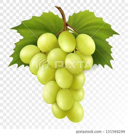 Bunch of yellow or green grapes with vine leaves isolated on transparent background. Cluster of grape. Fresh, natural food, dessert. Realistic 3d vector illustration for agriculture design. 131568299