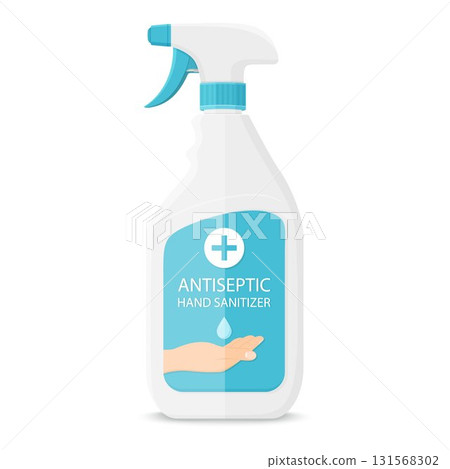 Anti-Bacterial Sanitizer Spray, Hand Sanitizer Dispenser, infection control concept. Sanitizer to prevent colds, virus, Coronavirus, flu. Spray bottle. Alcohol spray. Flat icon design. 131568302