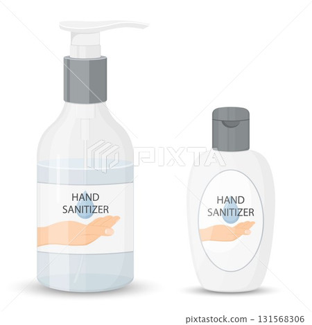 Hand sanitizer bottle isolated with pump. Washing alcohol gel used against viruses, bacteria, flu, coronavirus. Waterless hand cleaner. Handwashing. Vector illustration, flat design 131568306