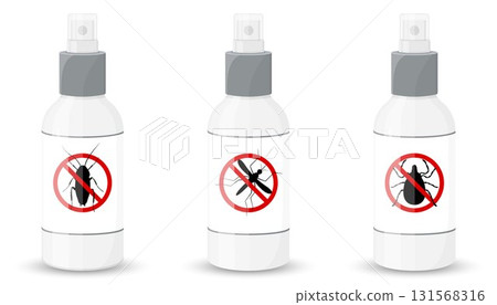 Bottle with sprayer against cockroaches, mosquitoes, ticks, isolated on white background. vector flat illustration 131568316