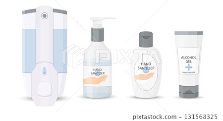 Set of hand sanitiser, bottles, washing gel, spray, liquid soap, medical mask, PPE personal protective equipment. Disinfection. Hygiene. Vector flat illustration 131568325