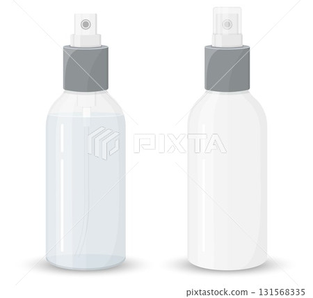 Mockup two plastic sprayer bottle transparent and white for liquid gel, soap, lotion, cream, shampoo, bath foam and other cosmetics, isolated on a white background, flat design 131568335