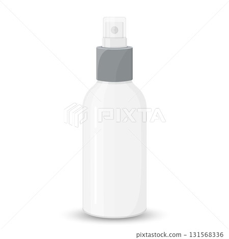 White empty spray bottle with transparent cap, cosmetic package, vector template for advertising, mockup isolated on white background. Vector flat illustration White empty spray bottle with transparent cap, cosmetic package, vector template for advertising, mockup isolated on white background. Vector flat illustration 131568336