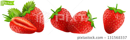 Strawberry. Realistic 3d isolated vector illustration. Strawberries with leaf on white background. Set of fresh red ripe mellow berry. Whole and half of strawberry, Front view strawberries set. 131568337