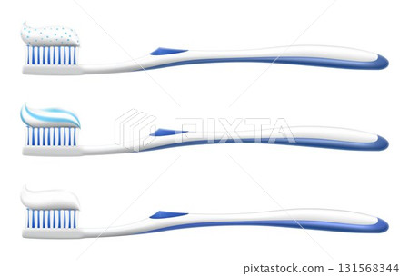 Toothbrushes with toothpaste isolated on the white background. Mockup tooth brush for dental care poster design. Nylon bristles and plastic handles. Stomatology equipment. vector 3D realistic 131568344