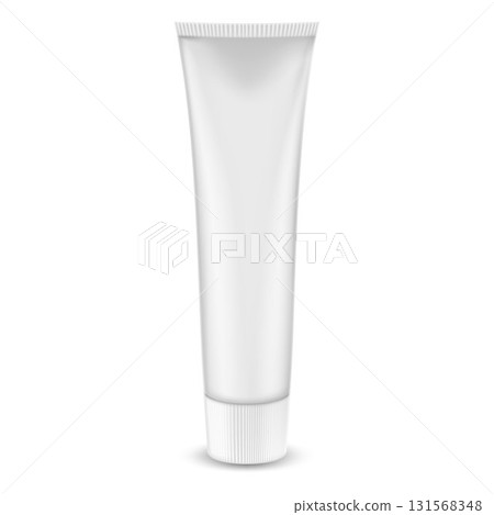 White glossy plastic tube for medicine or cosmetics - cream, gel, skin care, toothpaste. 3d Realistic packaging mockup template. Side view. Vector illustration. 131568348