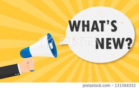Male hand holding megaphone, speech bubble with whats new. Loudspeaker. Banner for business, marketing and advertising. Vector flat illustration. 131568352