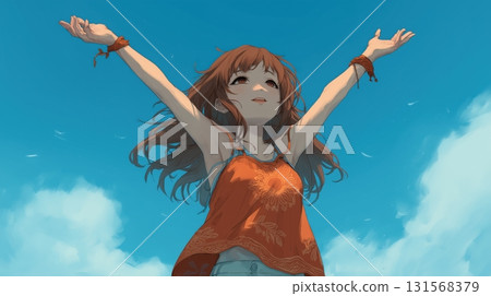 Illustration of a smiling girl with her arms outstretched against the blue sky Illustration of a smiling girl with her arms outstretched against the blue sky 131568379
