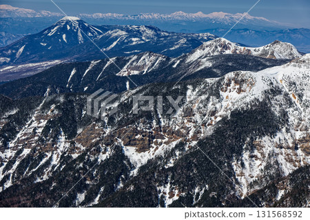 冬季從八嶽山脈的赤岳眺望天狗山、蓼科山、妙高山和火內山 冬季從八嶽山脈的赤岳眺望天狗山、蓼科山、妙高山和火內山 131568592