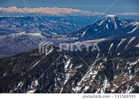Winter view of Mt. Tateshina, the Hakuba mountain range, and the Ushiro-Tateyama mountain range from Mt. Akadake in the Yatsugatake mountain range Winter view of Mt. Tateshina, the Hakuba mountain range, and the Ushiro-Tateyama mountain range from Mt. Akadake in the Yatsugatake mountain range 131568593