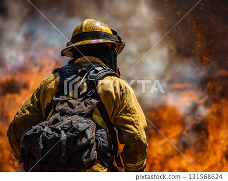 Firefighter in protective gear stands amidst intense flames and smoke, showcasing bravery and resilience. scene captures dangerous and heroic nature of firefighting Firefighter in protective gear stands amidst intense flames and smoke, showcasing bravery and resilience. scene captures dangerous and heroic nature of firefighting 131568624