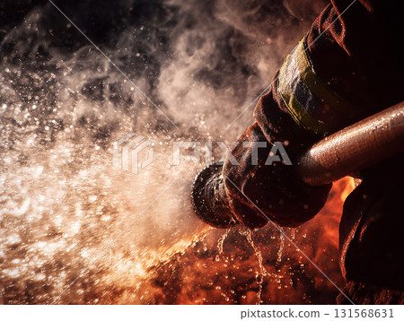 Firefighter in action, using hose to spray water against intense flames, creating dramatic scene with splashing water and smoke. image captures bravery and intensity of firefighting 131568631