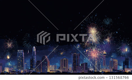 New Year' s Eve fireworks over a city skyline, ample copy space, and celebratory icons 131568766