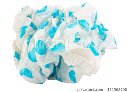 Crumpled opaque plastic bag with blue dotted  131568898