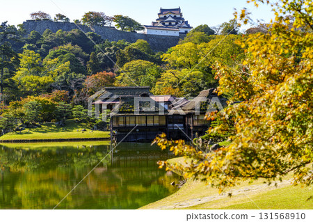 Hikone Castle as seen from Genkyuen Garden in the height of autumn foliage Hikone Castle as seen from Genkyuen Garden in the height of autumn foliage 131568910