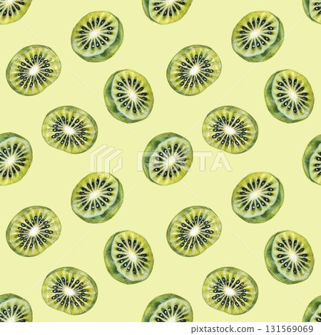 Round slices of ripe kiwi fruit with bright green flesh and seeds. Seamless watercolor pattern on a green background for designs for drinks, preserves, food products, children's, kitchen textiles. 131569069