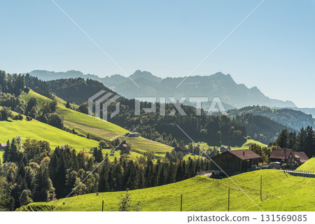 Appenzellerland with Alpstein massif and Saentis peak, Appenzell Ausserrhoden, Switzerland  131569085