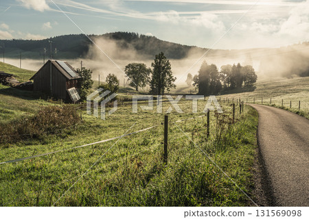 Misty morning rural road with wooden hut in Jostal valley, Black Forest, Titisee-Neustadt, Germany Misty morning rural road with wooden hut in Jostal valley, Black Forest, Titisee-Neustadt, Germany 131569098