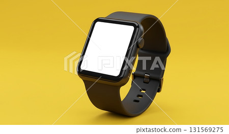 Modern smartwatch with blank screen elegantly displayed against a vibrant yellow background, perfect for app showcase or tech concepts 131569275