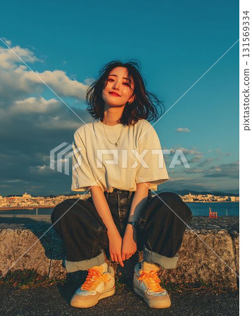 河岸邊被夕陽照耀的女人 131569334