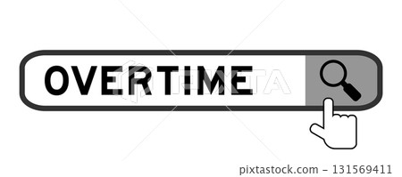 Search banner in word overtime with hand over magnifier icon on white background Search banner in word overtime with hand over magnifier icon on white background 131569411