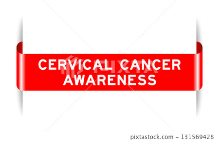 Red color inserted label banner with word cervical cancer awareness on white background 131569428