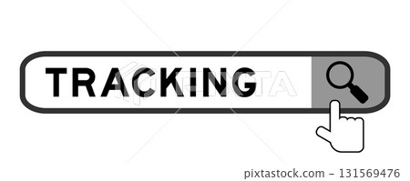 Search banner in word tracking with hand over magnifier icon on white background 131569476
